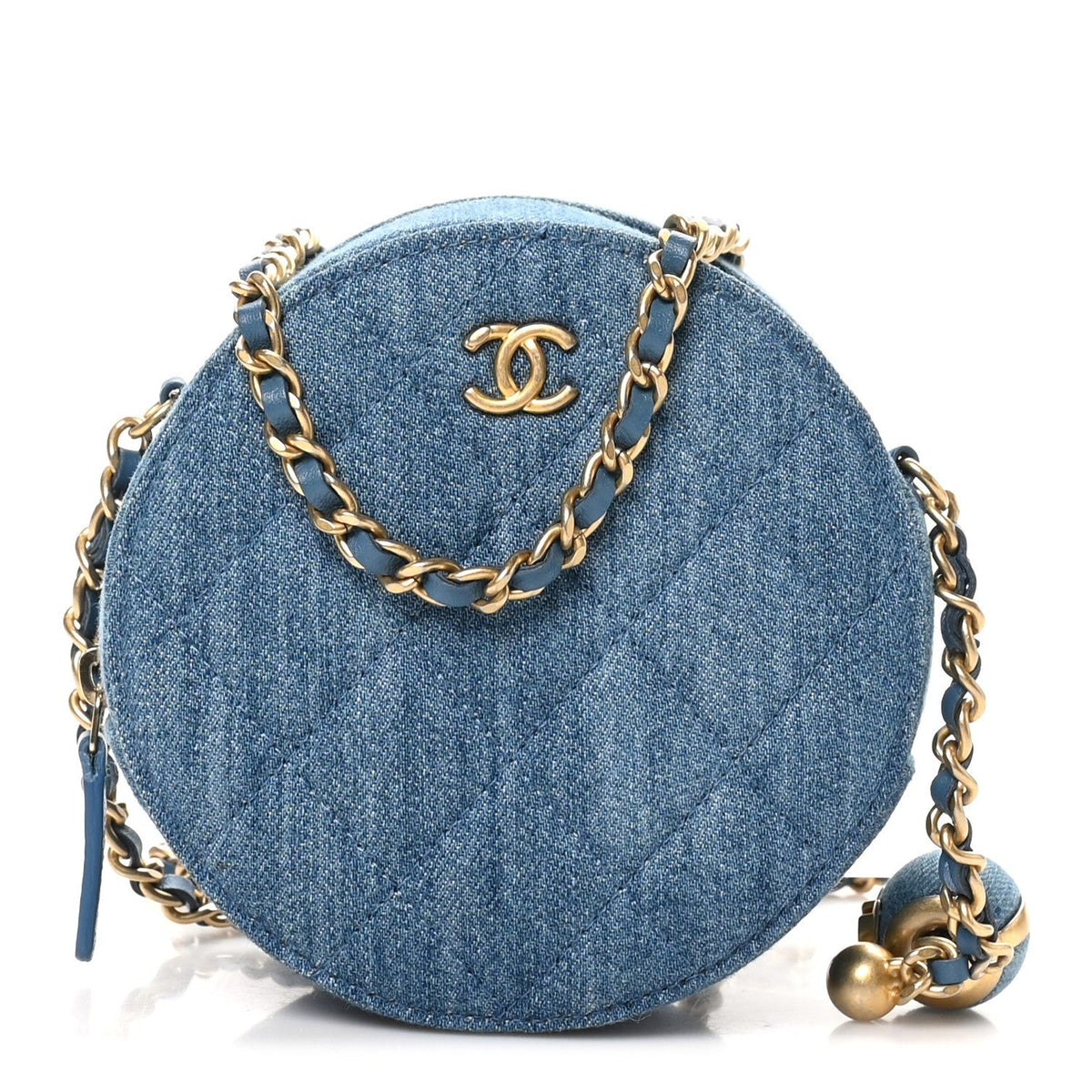 Denim Quilted Round Pearl Crush Clutch With Chain Blue