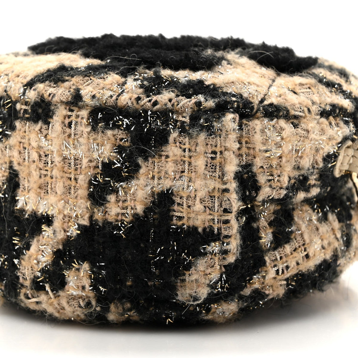 Tweed Shearling Round Clutch With Chain and Coin Purse Beige Black