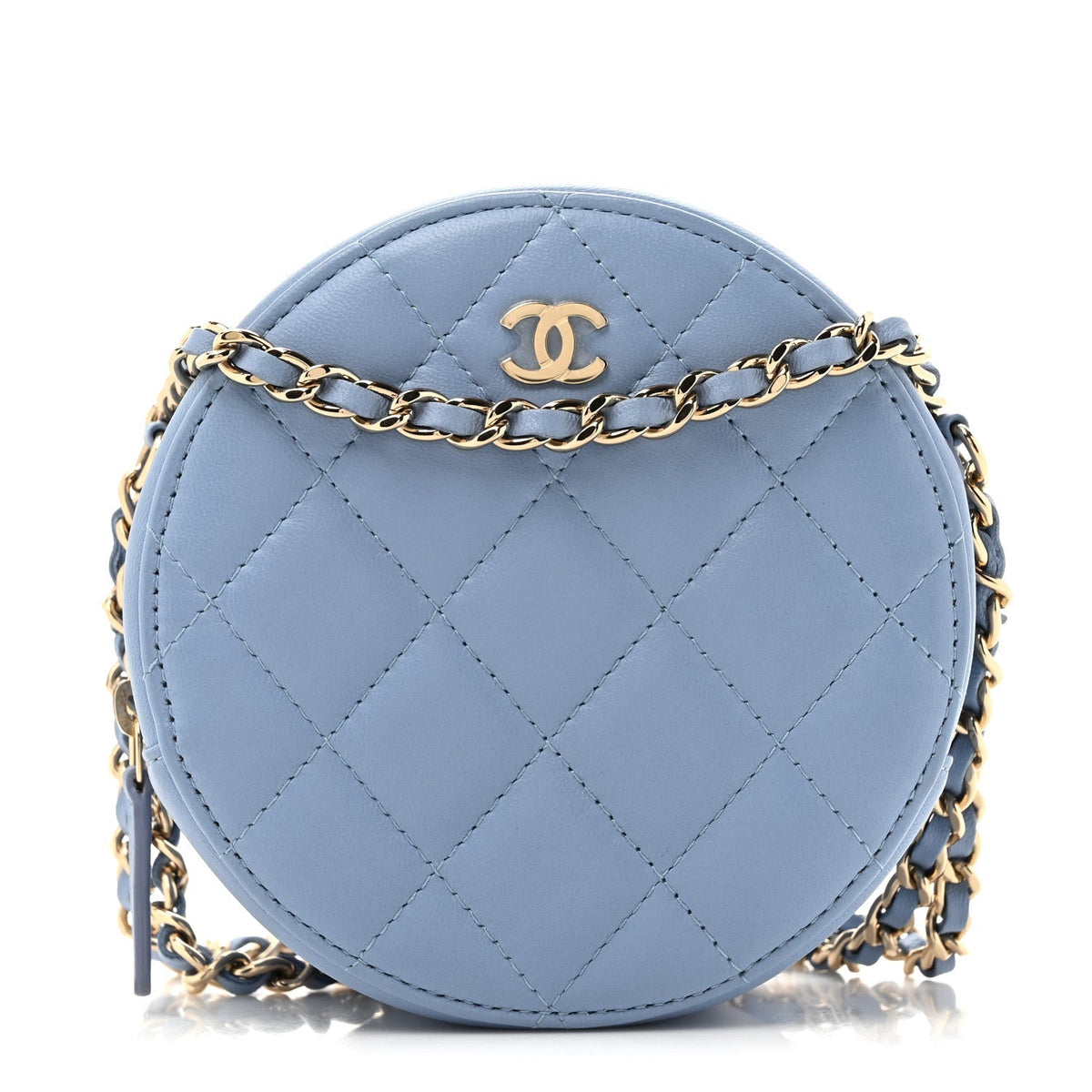 Lambskin Quilted Round Clutch With Chain Light Blue