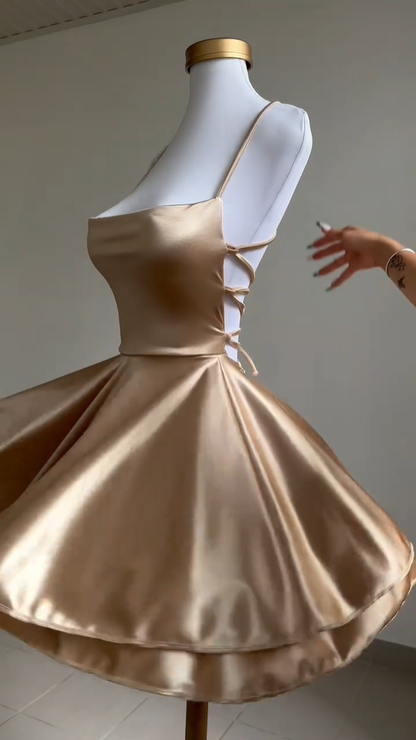 Lovely Gold Straps A-Line Satin Short Party Dress Homecoming Dress MD7467