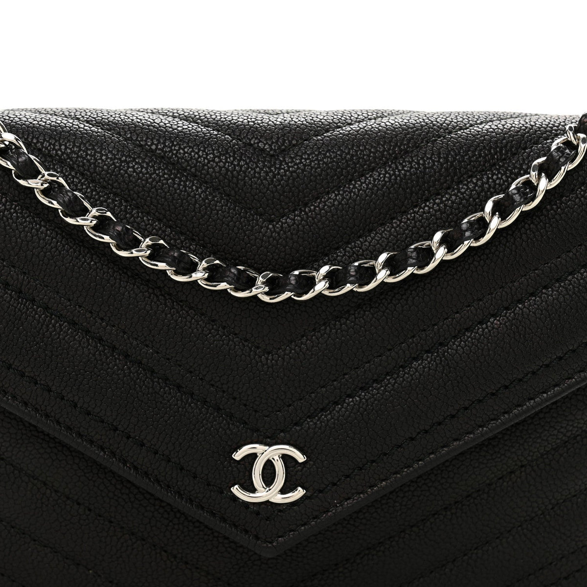 Goatskin Chevron Quilted Statement Wallet On Chain WOC Black