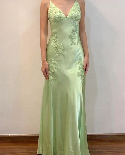 Green V Neck Straps Appliques Long Evening Party Dress MD7426