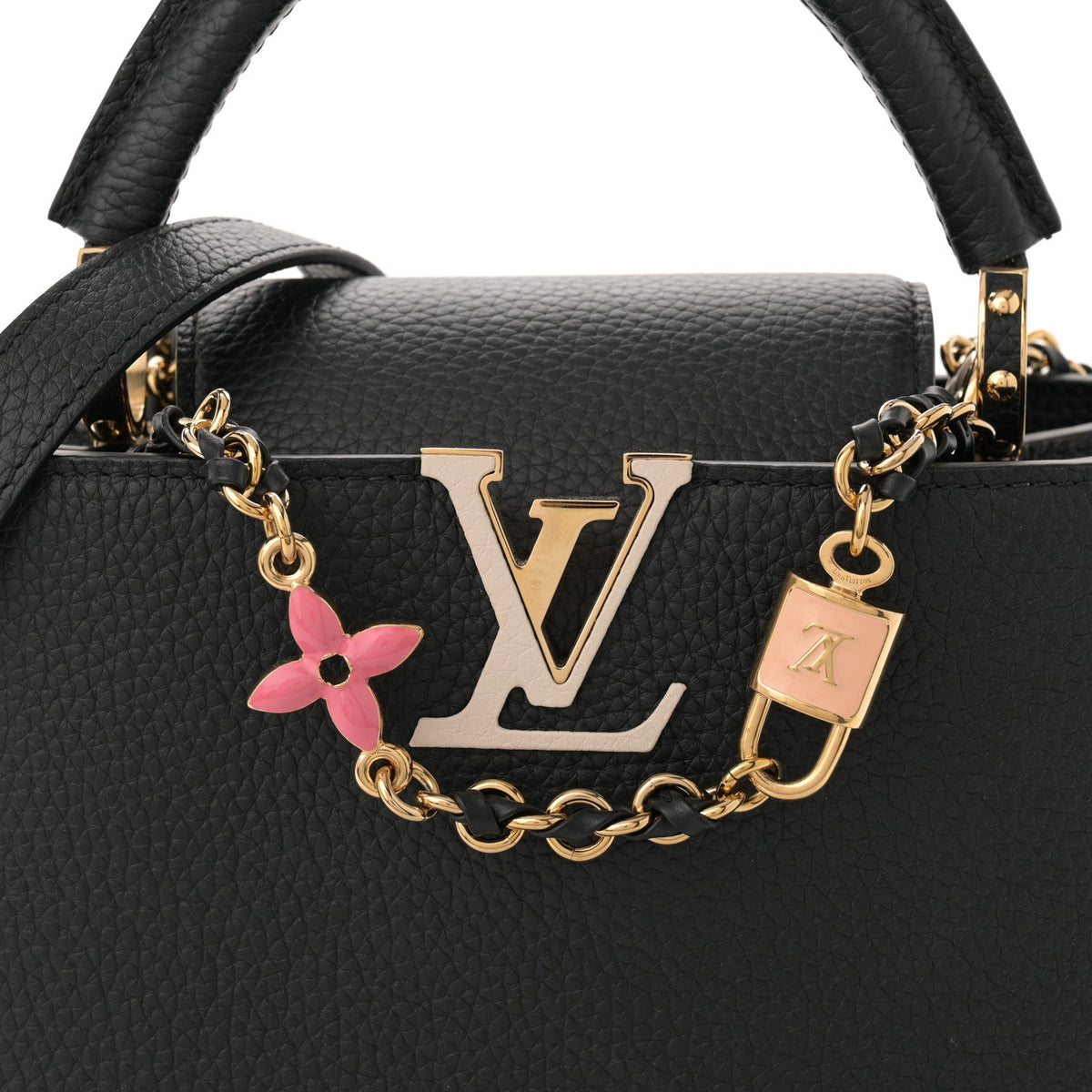 Taurillon Enamel Flower Padlock Chain Capucines BB Black