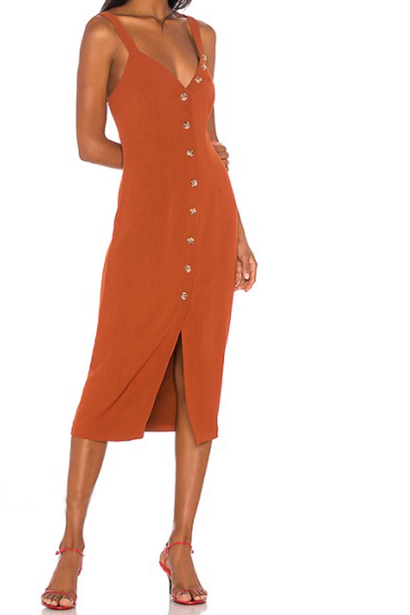 Vintage Orange Single-button V-neck Design A-line Spaghetti Strap Party Dress, D1417