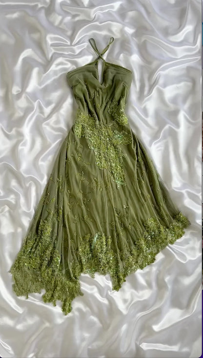 Vintage A Line Halter Sequin Appliques Green Chiffon Prom Dress Evening Dress SH2298