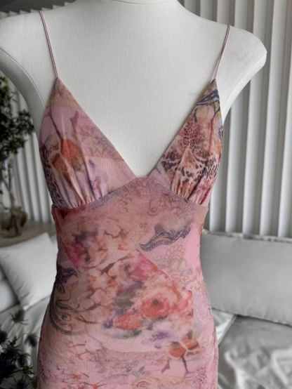 Sweet Spaghetti Strap V-neck Backless Design Floral Print A-line Women Party Dress, D1399