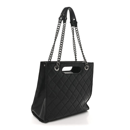 Goatskin Quilted Small Perfect Edge Shopping Tote Black
