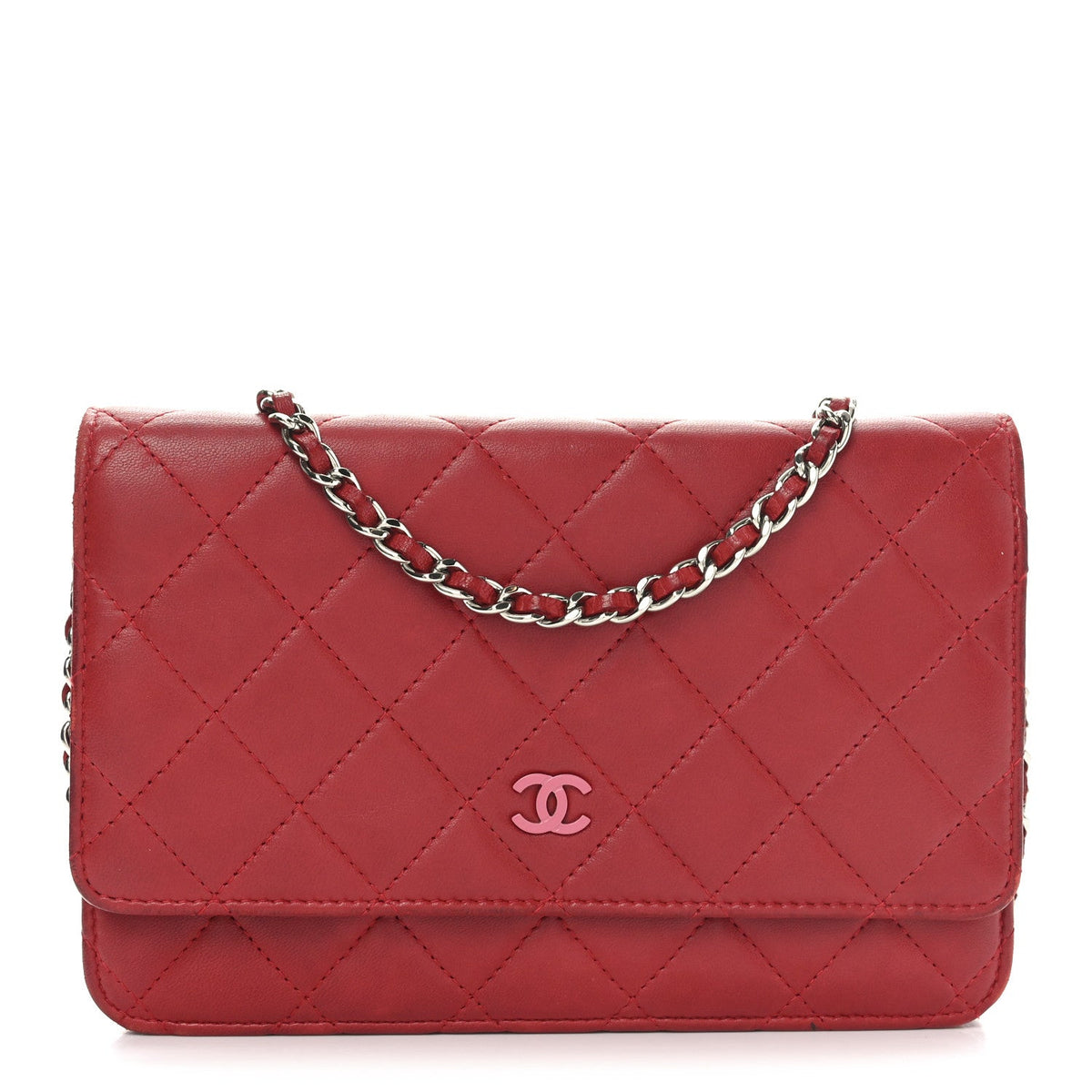 Lambskin Quilted Wallet On Chain WOC Red Pink