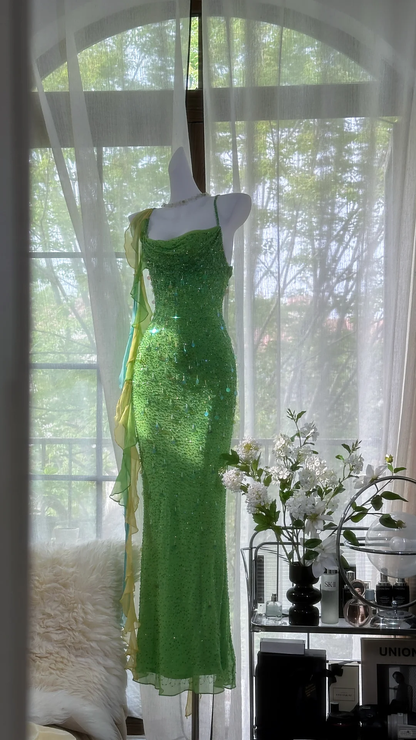 Vintage Shiny Sequin Green Spaghetti Strap Design A-line Romantic Chiffon Evening Dress Prom Dress D1505