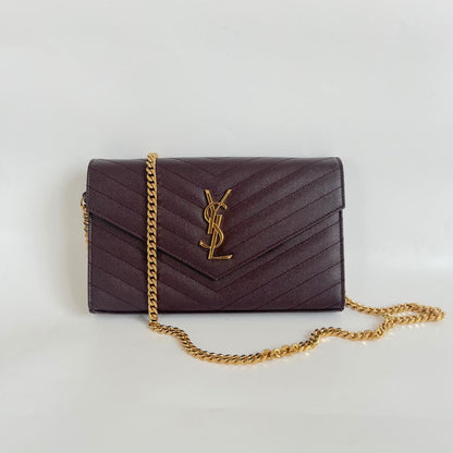 Saint Laurent burgundy Cassandre Chain Wallet in Matelassé Leather
