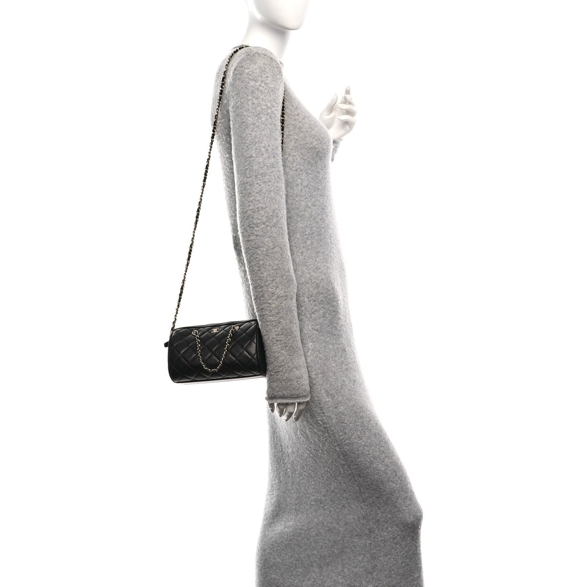 Caviar Quilted Barrel Clutch With Chain Black