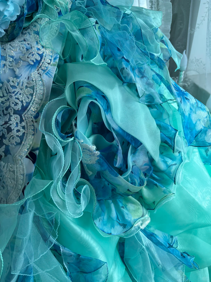 Vintage Dreamy Blue Strapless Print Floral Organza Prom Dress Sweet 16 Dress SH5782