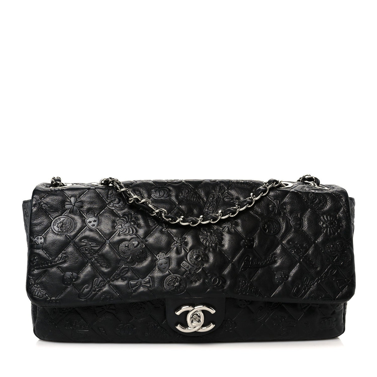 Calfskin Embossed Large Lucky Symbols Flap Black