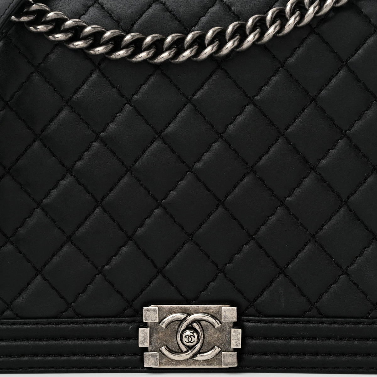 Calfskin Double Stitch Large Boy Flap Black