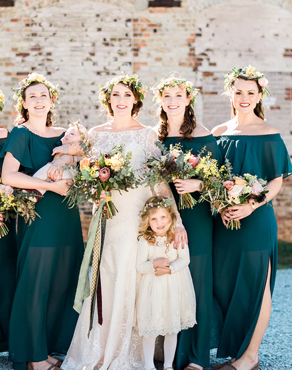 Teal Green Chiffon Off The Shoulder Side Slit Boho Bridesmaid Dresses SH5581
