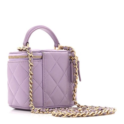 Lambskin Quilted Top Handle Mini Vanity Case With Chain Light Purple
