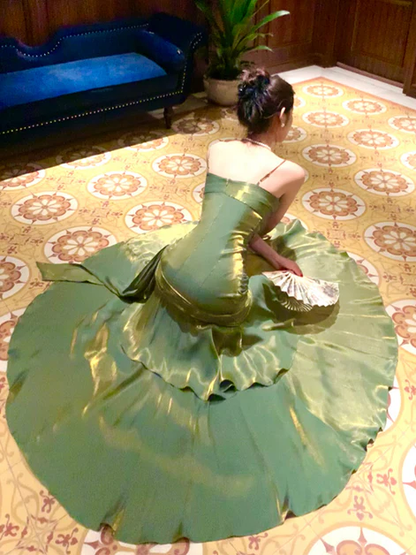 Green Spaghetti Straps A-Line Chiffon Long Evening Party Dress MD7380