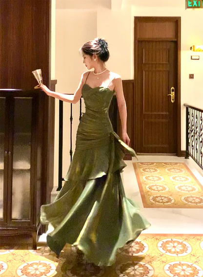 Green Spaghetti Straps A-Line Chiffon Long Evening Party Dress MD7380