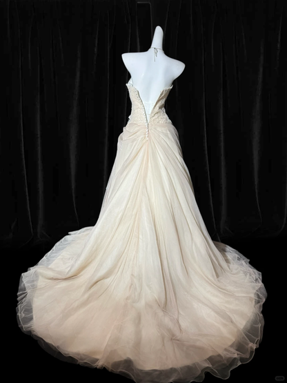 Vintage A Line Sweetheart Neck Apricot Lace Tulle Prom Dress Evening Dress SH5608