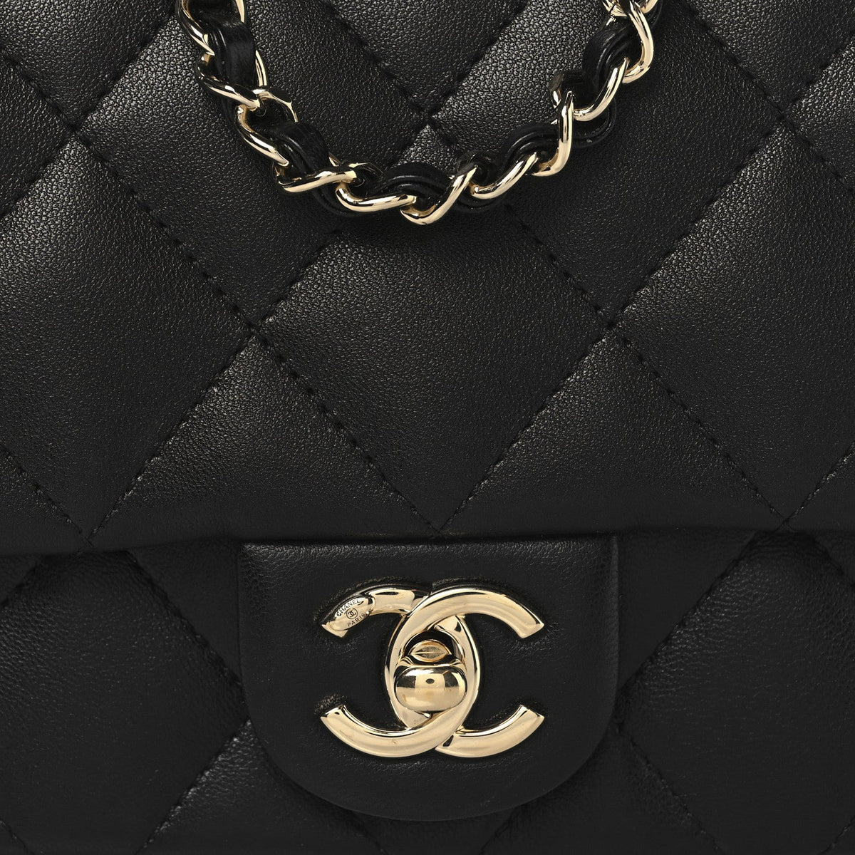Lambskin Quilted Resin Pearl Chain Top Handle Flap Black