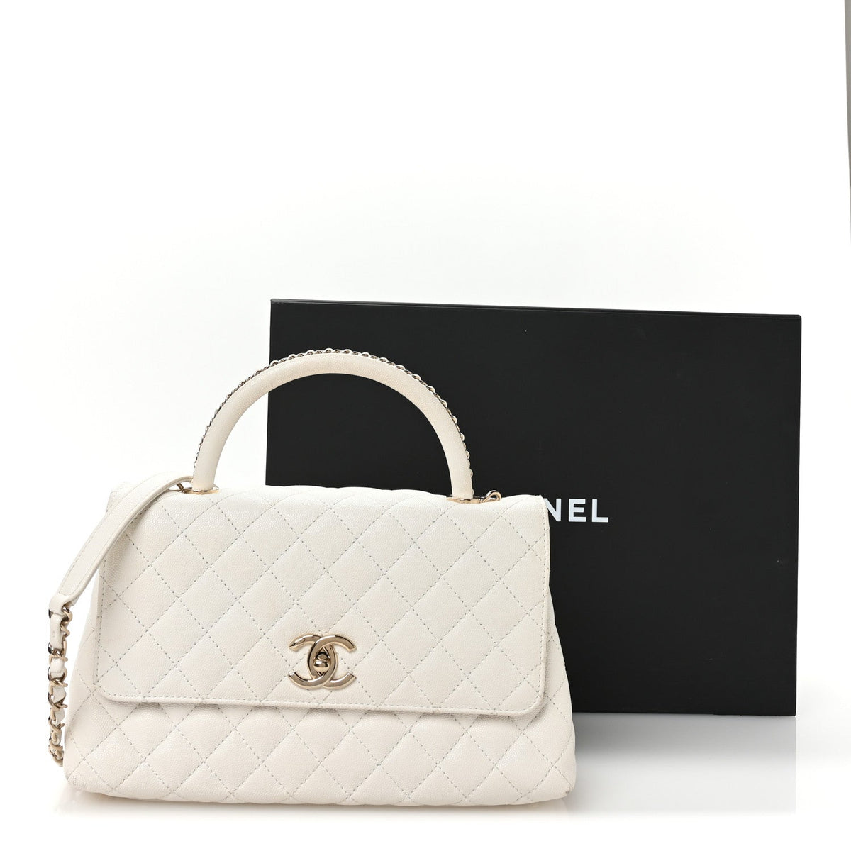 Caviar Quilted Small Chain Coco Handle Flap White
