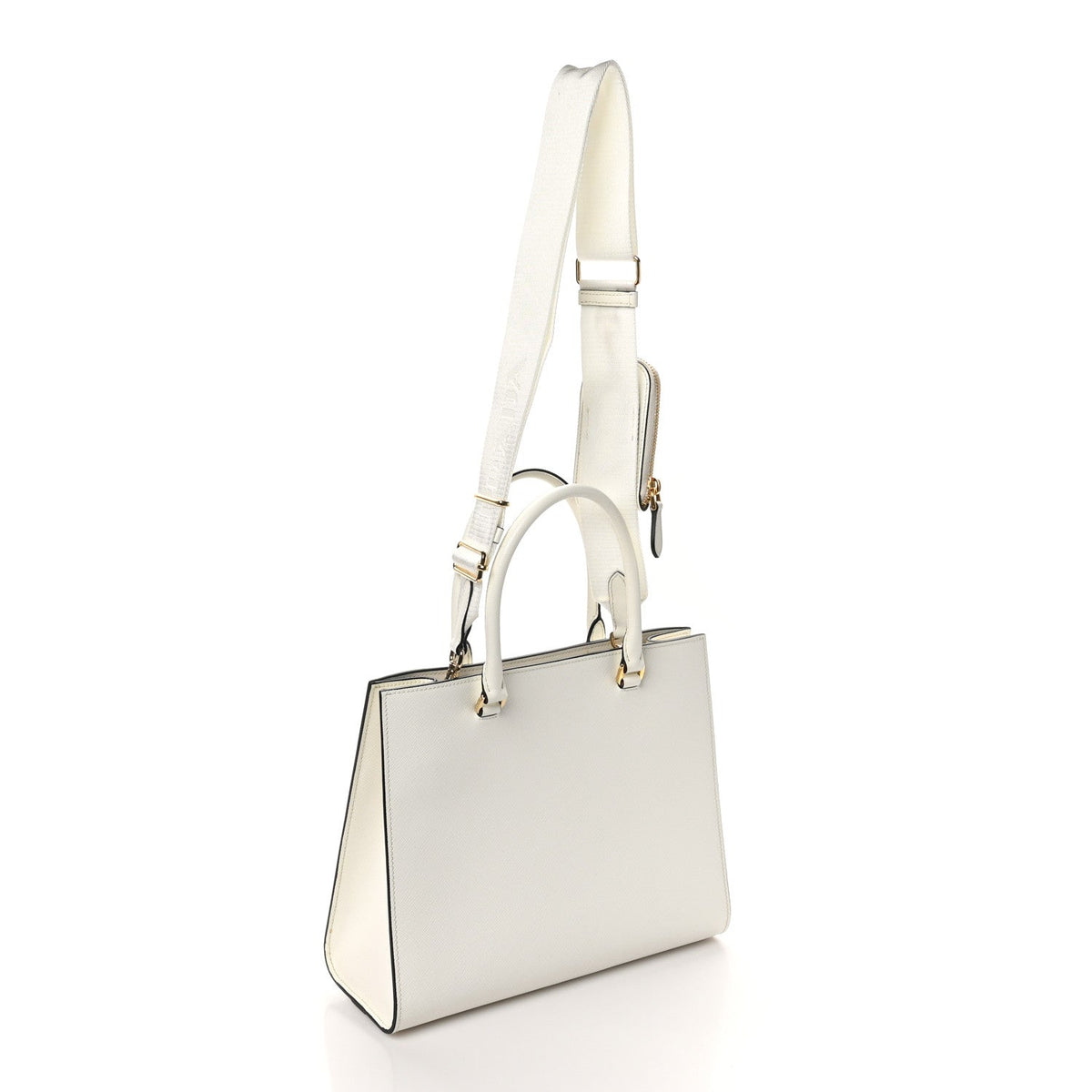 Saffiano Lux Logo Embossed Medium Shoulder Tote Handbag White
