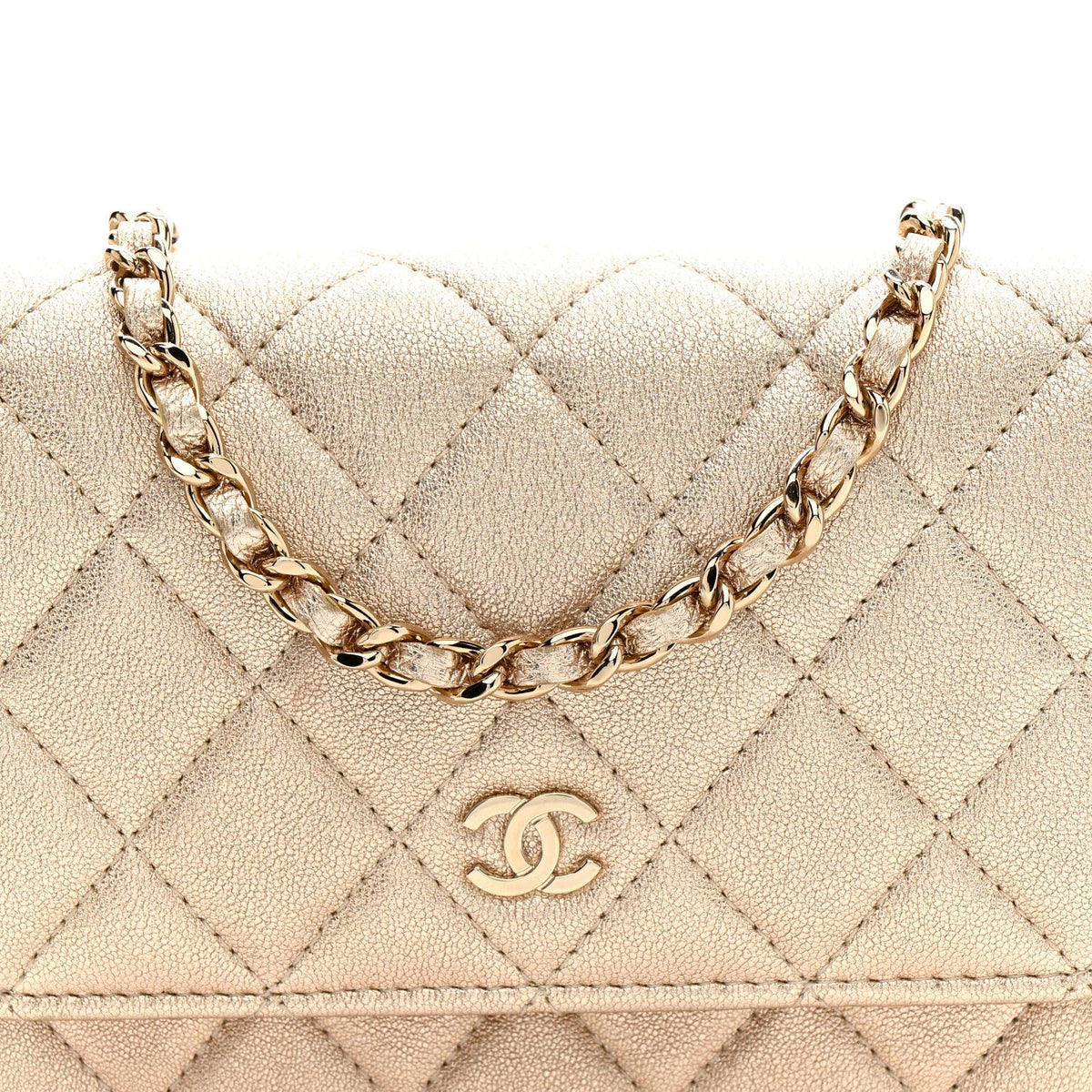 Metallic Lambskin Quilted Mini Wallet On Chain WOC Gold