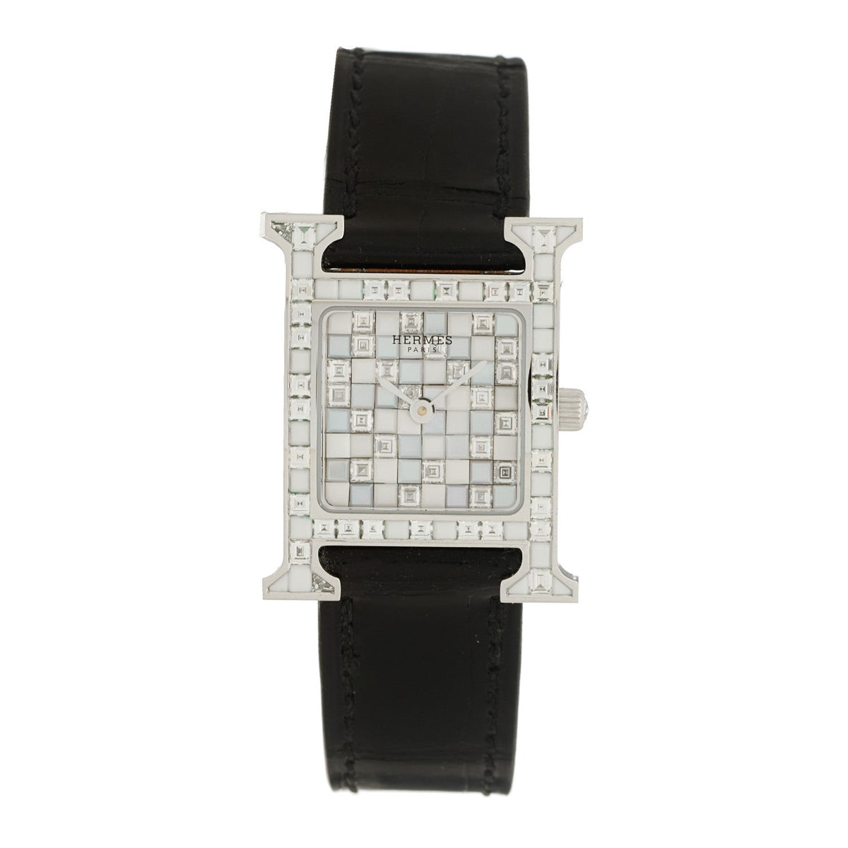 18K White Gold Alligator Diamond 21mm Heure H Hour Mosaique Joailliere Quartz Watch Noir