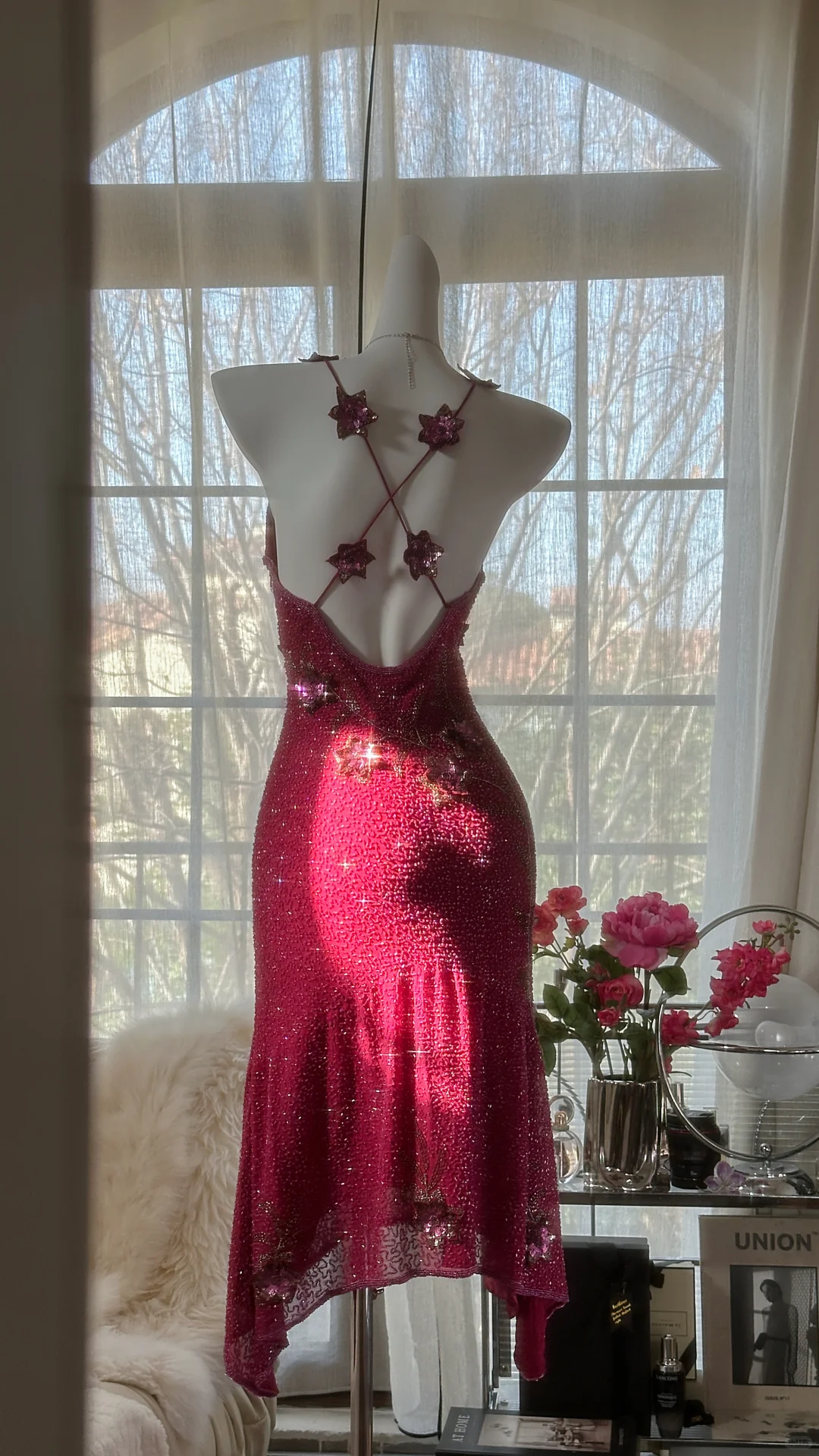Vintage Shiny Sequin Rose Red Backless Design A-line Romantic Chiffon Evening Dress Prom Dress D1506