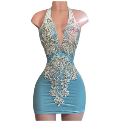 V-neck Sparkly Silver Beaded Women Birthday Party Gowns Short Prom Dress, MD6975