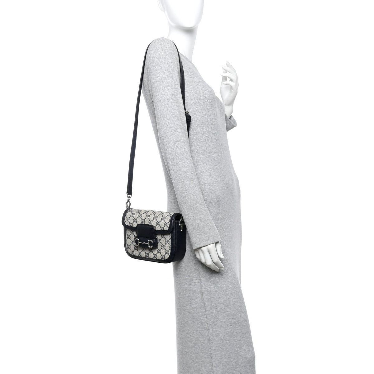 GG Supreme Monogram Textured Dollar Calfskin Web Mini Horsebit 1955 Shoulder Bag Beige Blue