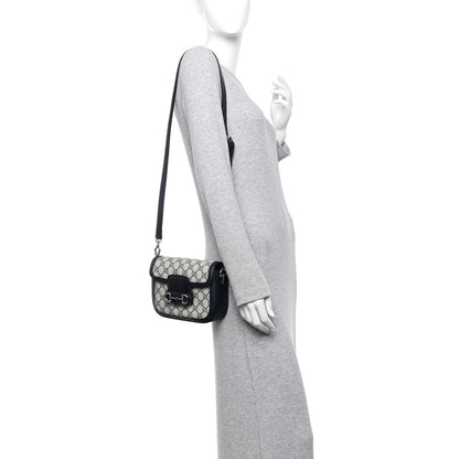 GG Supreme Monogram Textured Dollar Calfskin Web Mini Horsebit 1955 Shoulder Bag Beige Blue