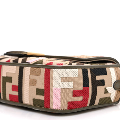 Canvas Vitello Seta FF Multicolor Embroidered Baguette Sand Avocado Multicolor