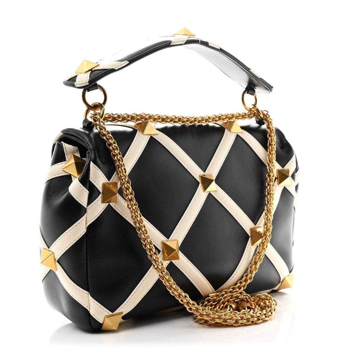 Nappa Large Roman Stud Shoulder Bag Black White