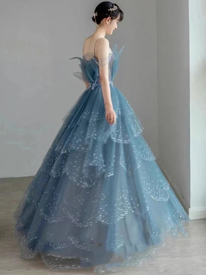 Vintage Blue Beaded Design Elegant A-Line Chiffon Tulle Evening Dress Prom Dress D1602