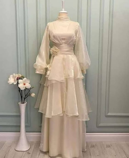 Blue High Neck Long Sleeves A-Line Chiffon Modest Long Formal Party Dress, D795