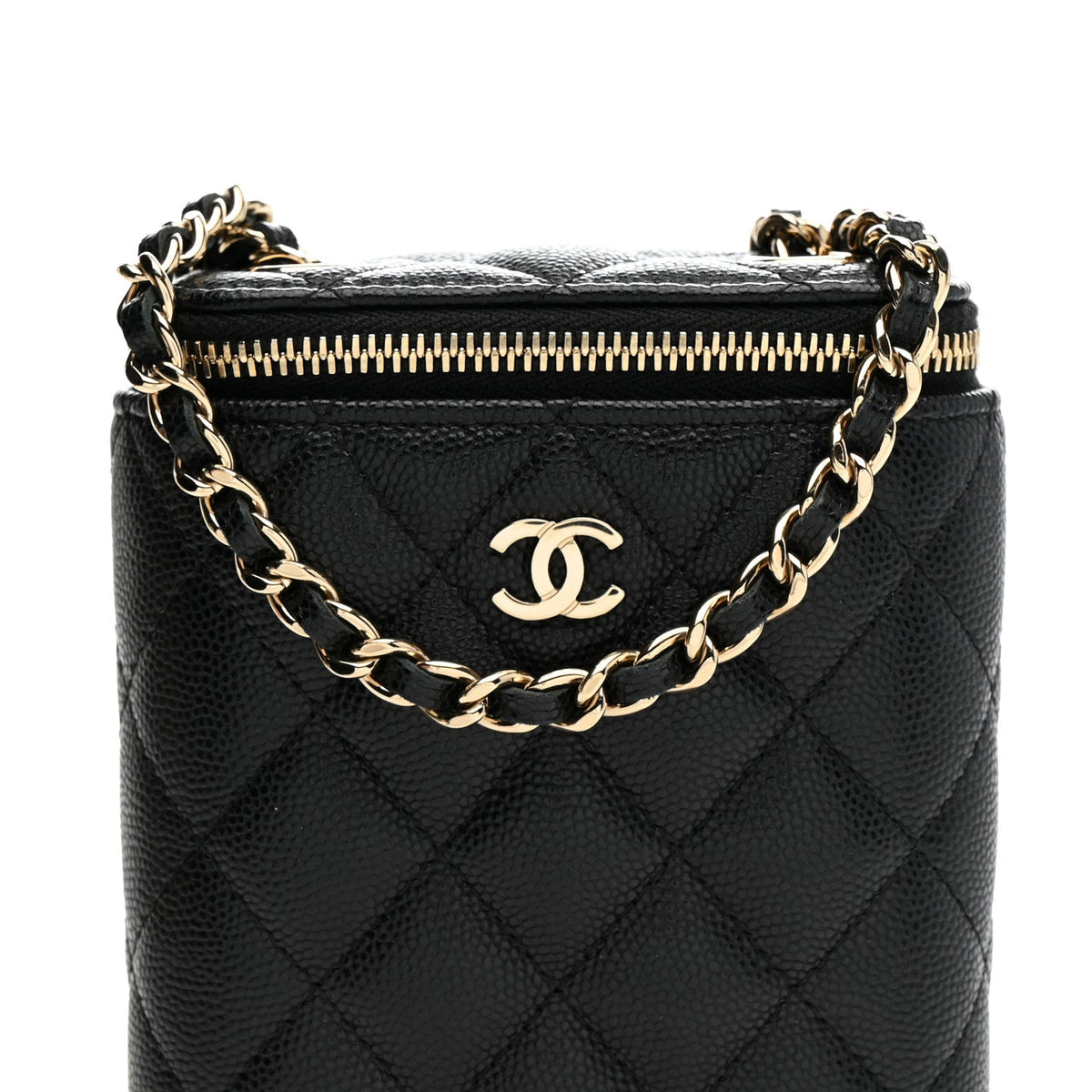 Caviar Quilted Small Vertical Coco Beauty Vanity Case With Chain Black