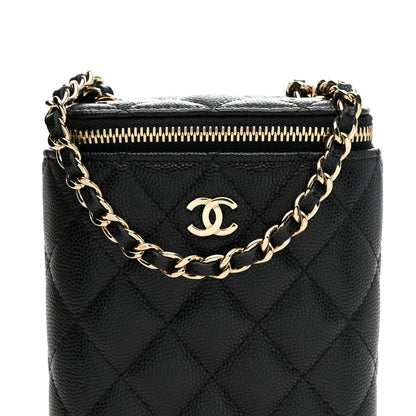 Caviar Quilted Small Vertical Coco Beauty Vanity Case With Chain Black