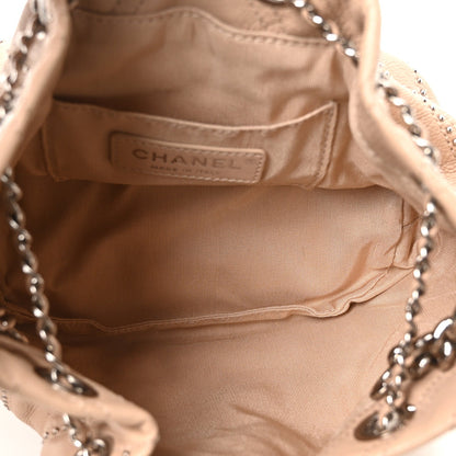 Metallic Calfskin Studded Chevron Quilted Small Stud Wars Drawstring Bag Beige