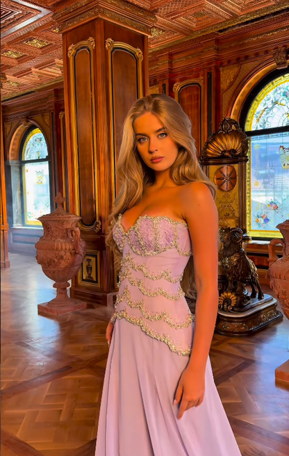 Stunning Lilac A Line Strapless Layered Beaded Chiffon Long Prom Dress SH5340