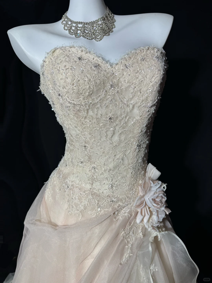 Vintage A Line Sweetheart Neck Apricot Lace Tulle Prom Dress Evening Dress SH5608