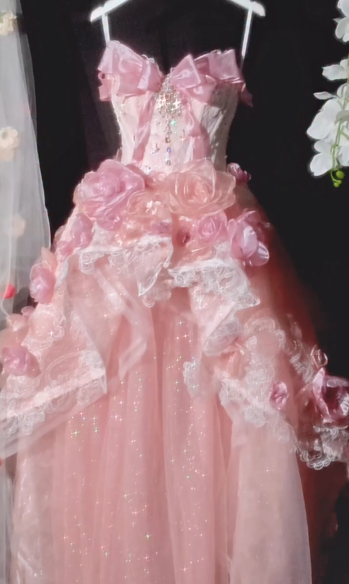 Sweety Ball Gown Strapless Beaded Pink Ombre Floral Tulle Long Prom Dress SH5040