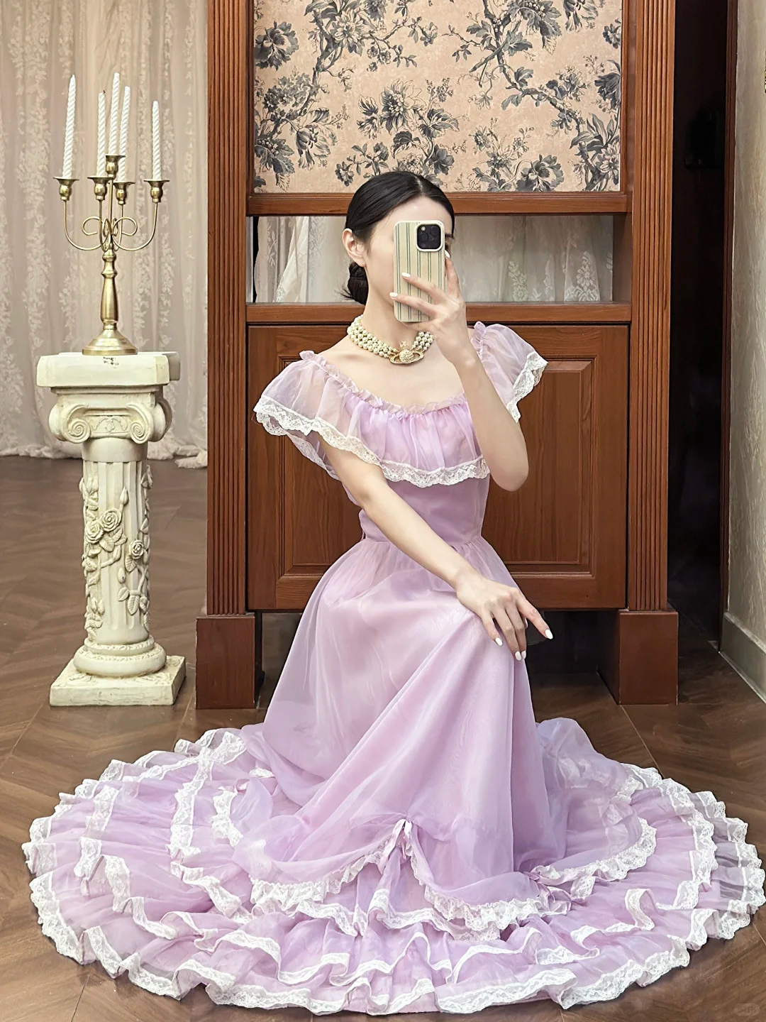 Vintage Lilac A Line Round Neck White Lace Chiffon Long Prom Dress Evening Dress SH5656