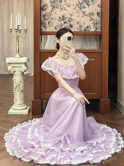 Vintage Lilac A Line Round Neck White Lace Chiffon Long Prom Dress Evening Dress SH5656