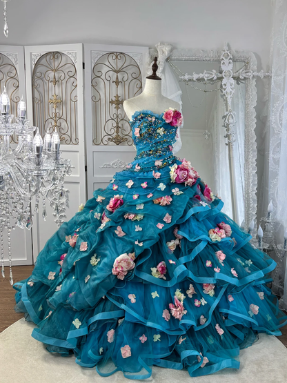 Vintage Blue Ball Gown Strapless 3D Floral Layered Tulle Prom Dress Sweet 16 Dress SH5783