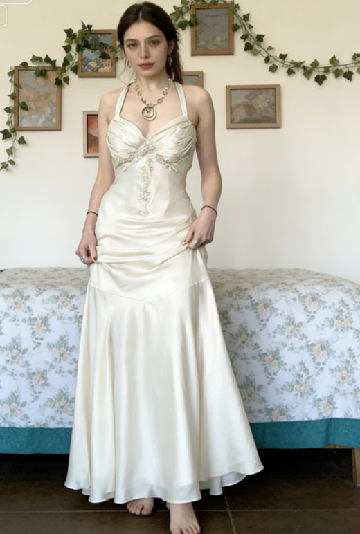 Vintage Halter V Neck  Beaded Appliques 90s Prom Dress Mermaid Evening Dress SH1132