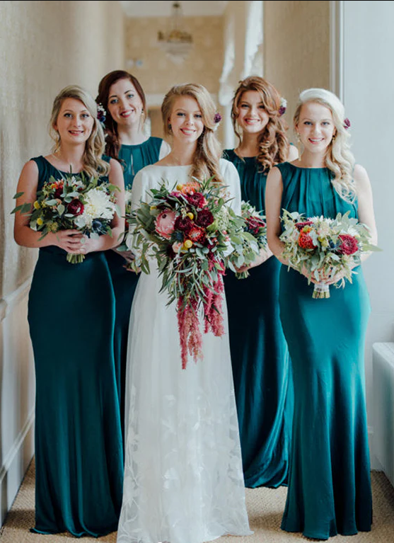 Teal Green Jersey Cowl Collar Sleeveless Mermaid Long Bridesmaid Dresses SH5580