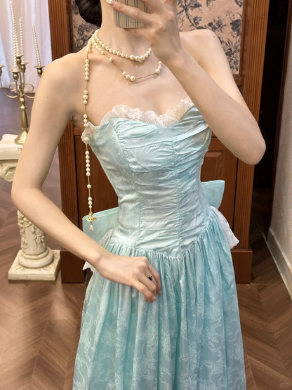 Vintage Blue A Line Straps Print Floral Satin Long Prom Dress with Bow SH5175