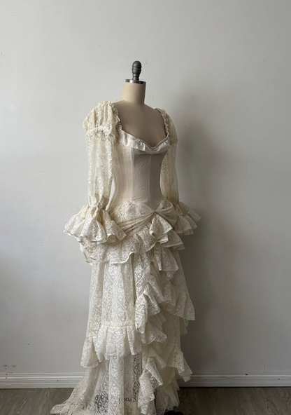 Vintage Apricot A Line Long Sleeve Layered Lace  Long Prom Dress Party Dress SH5536