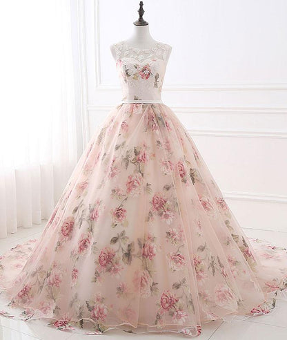 Unique round neck tulle long prom gown, unique evening dress M4831